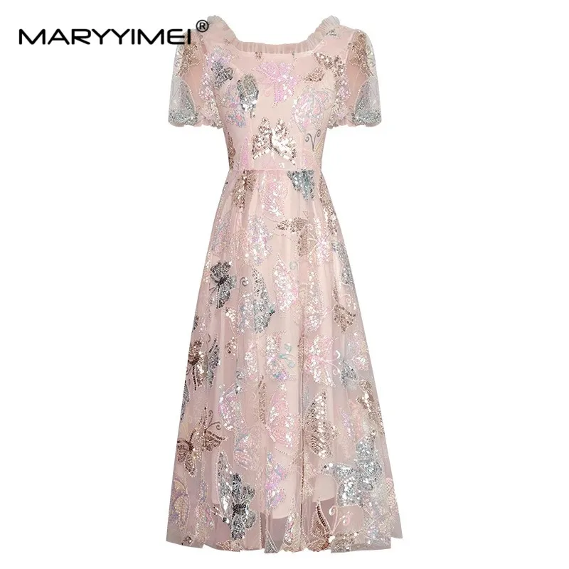 MARYYIMEI Square Collar Short sleeved Women's dress Mesh Shiny beaded sequins Butterfly Elegant and Sexy Party Dresses