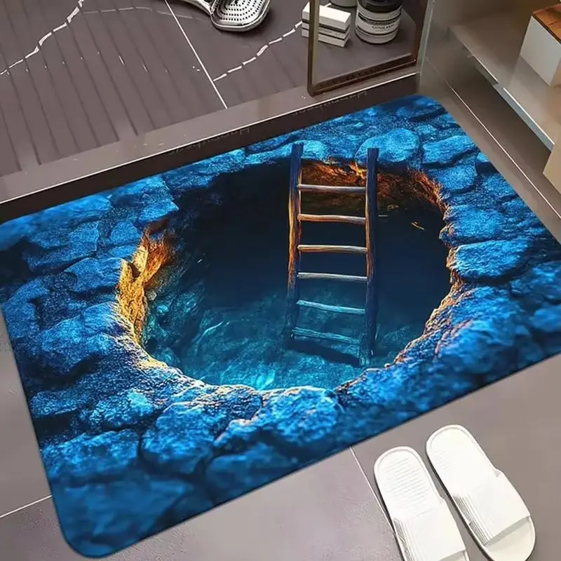VIKAMA Funny 3D Deep Hole Stone Doormat Moss Rock Cave Illusion Pattern Wear Resistant Floor Mat Indoor Bathroom Apartment Decor
