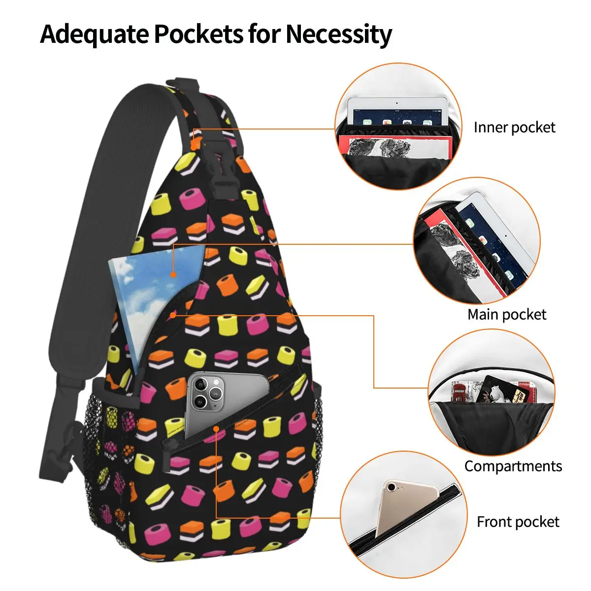 Liquorice Allsorts Sweets Chest Bag Men Sling Crossbody Backpack Chest Bag Travel Hiking Daypack Shoulder Bag