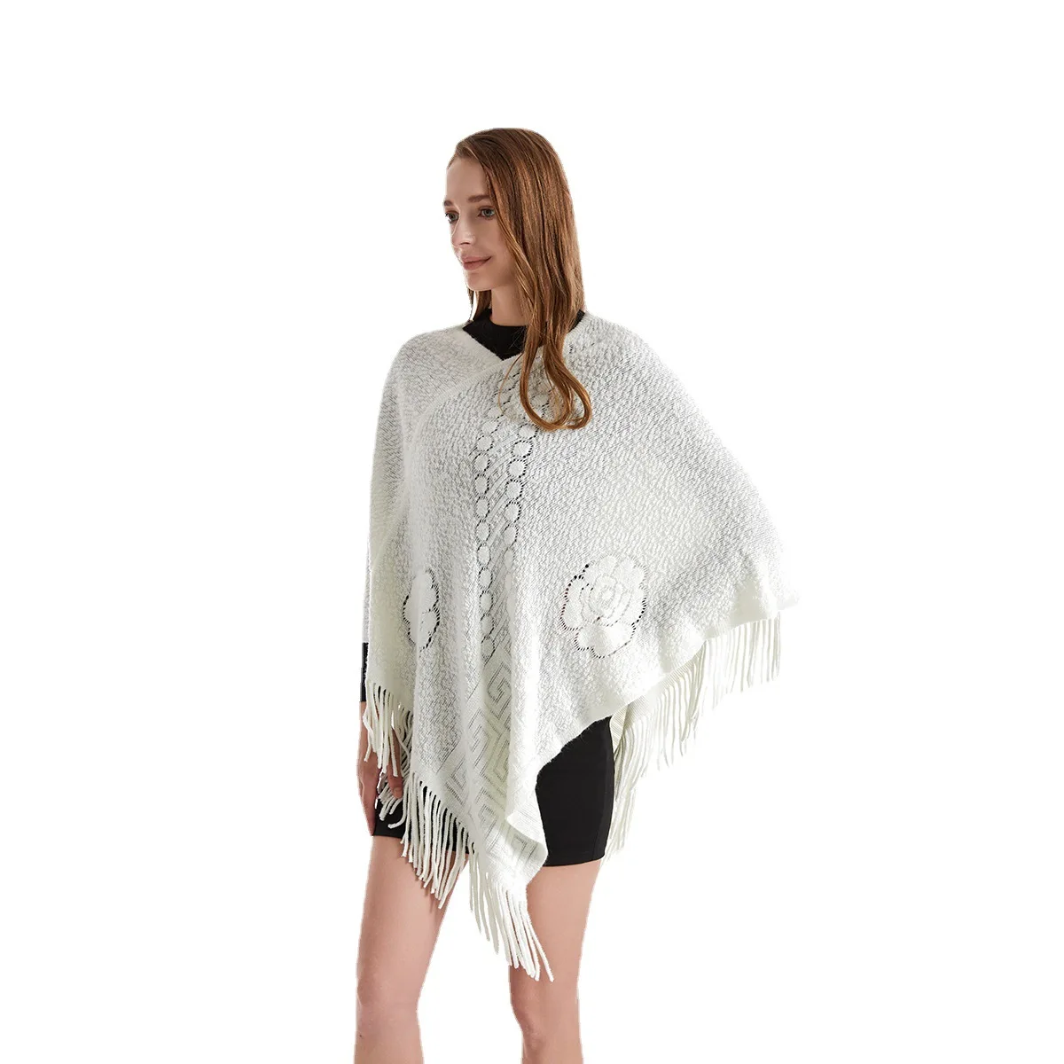 33 White Style Spring Autumn Women Horn Buckle Hollow Sweater Warm Shawl Knitwear Tassel Knitted Loose Pullover Triangle Coat