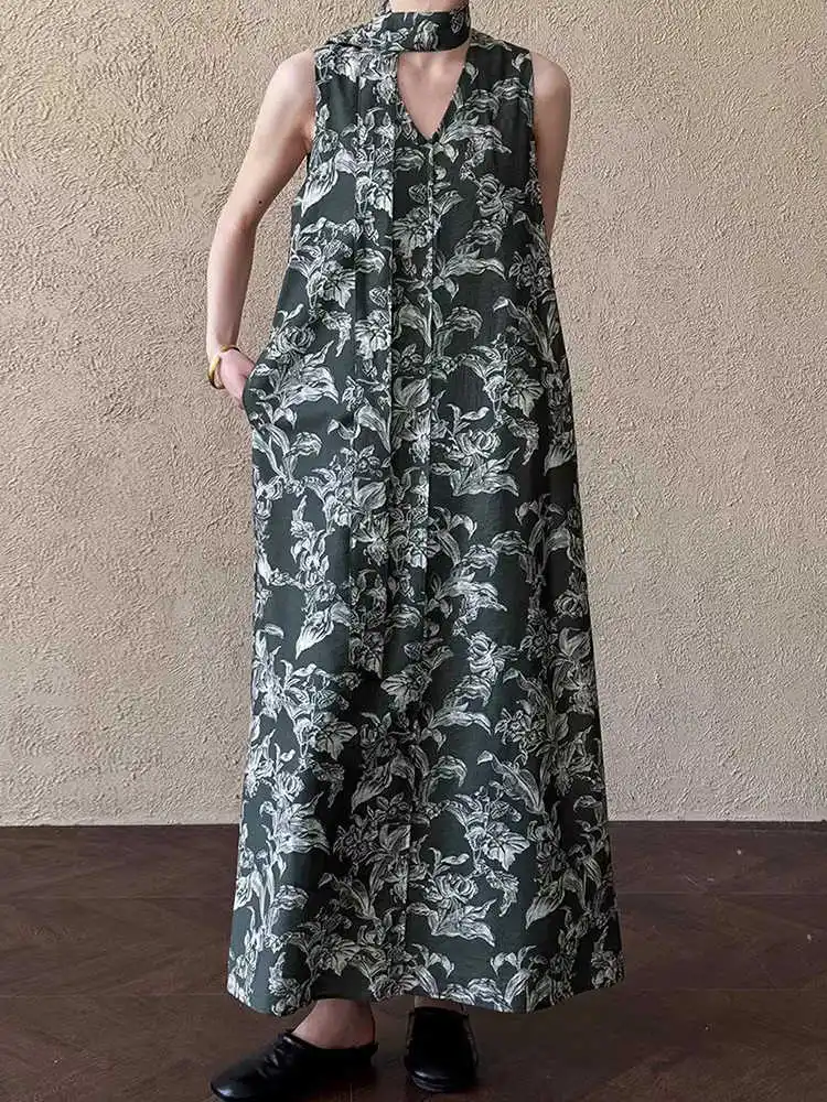 فستان نسائي عتيق من Clothland ميدي مزين بالزهور ورقبة على شكل V وشاحات مستقيمة قطعة واحدة فساتين صيفية كلاسيكية لمنتصف العجل فيستدو QD984