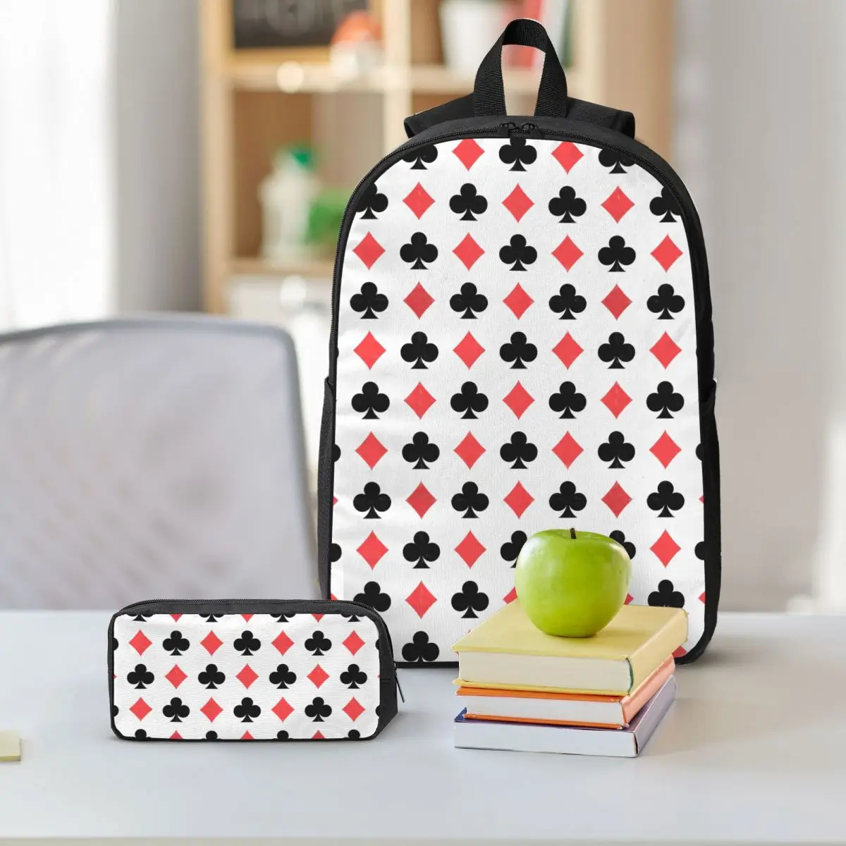 Poker Card Pattern Clubs And Diamonds Backpack Student BookBag School Bag Shoulder Bags 3ps Insulated Lunch Bag Pencil Case
