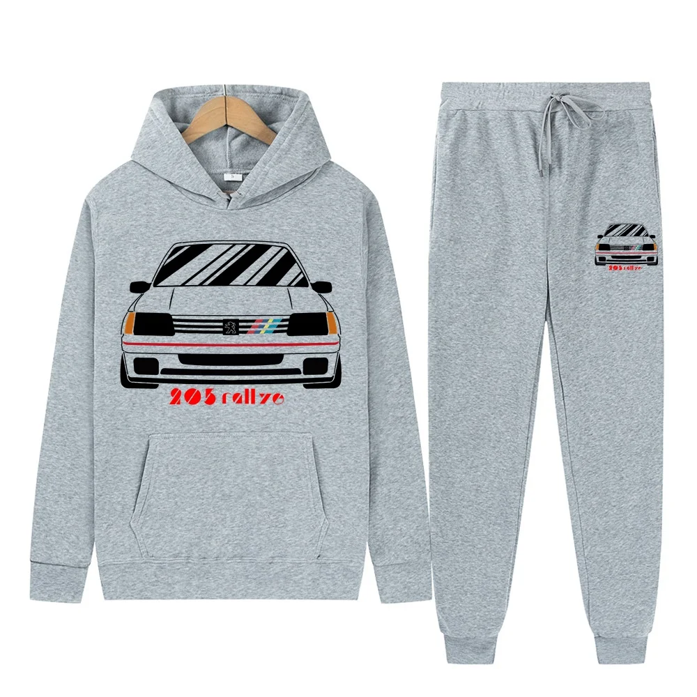 Men\'s 2Pcs Sets Fleece Sweatshirt Hoodies Pants Retro Wrc Rose 205 Gti CAR Rallye Racing Male Sportswear Tracksuits Unisex Ensem