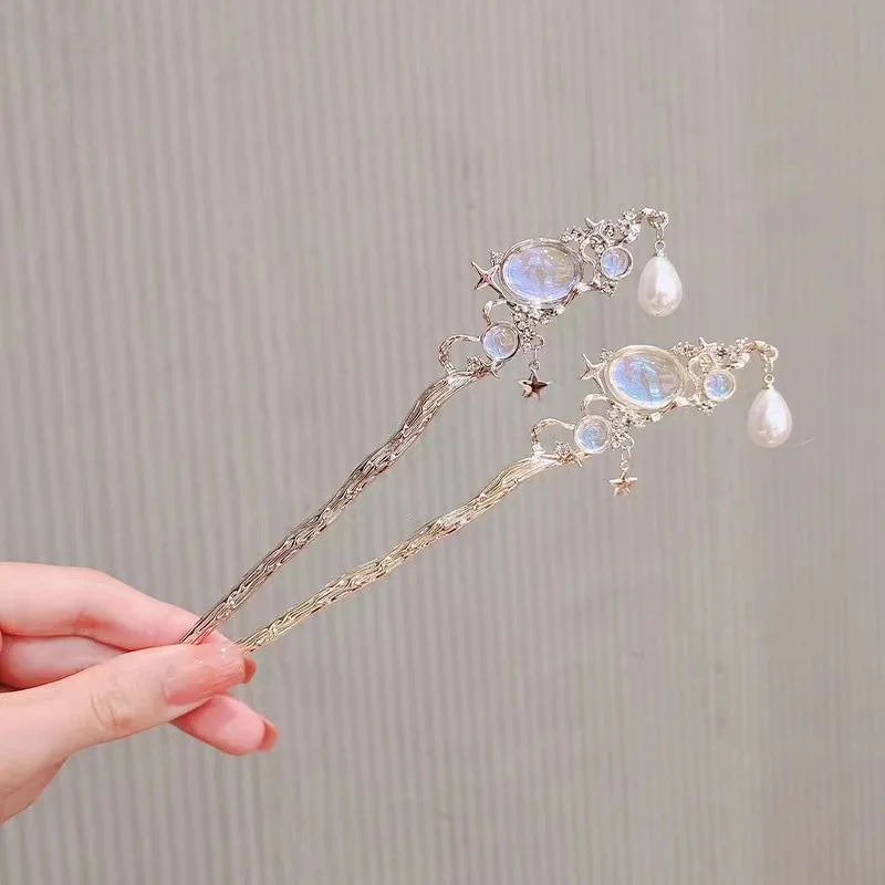 Moonstone Hairpin with Star & Pearl Tassel – Silver Hair Stick, Vintage Chinese Style Hair Accessory