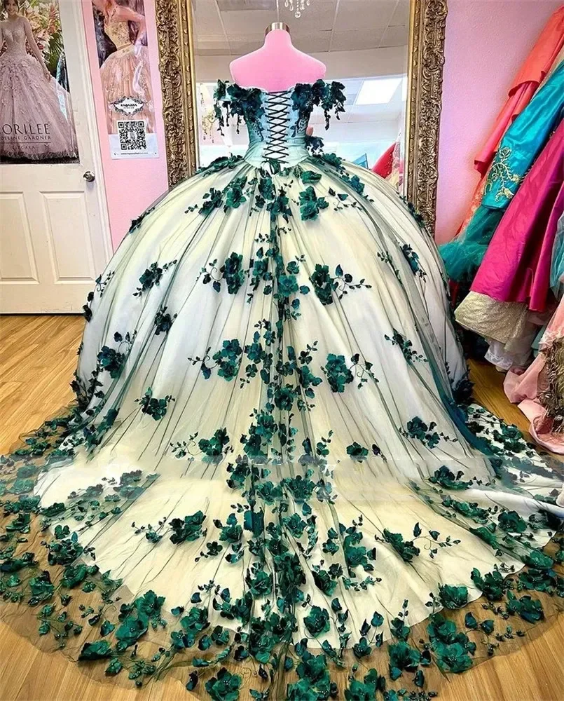 Vestidos De quinceañera con hombros descubiertos, flores 3D, encaje, tren Formal De corte, fiesta De cumpleaños, Princesa, 15 años