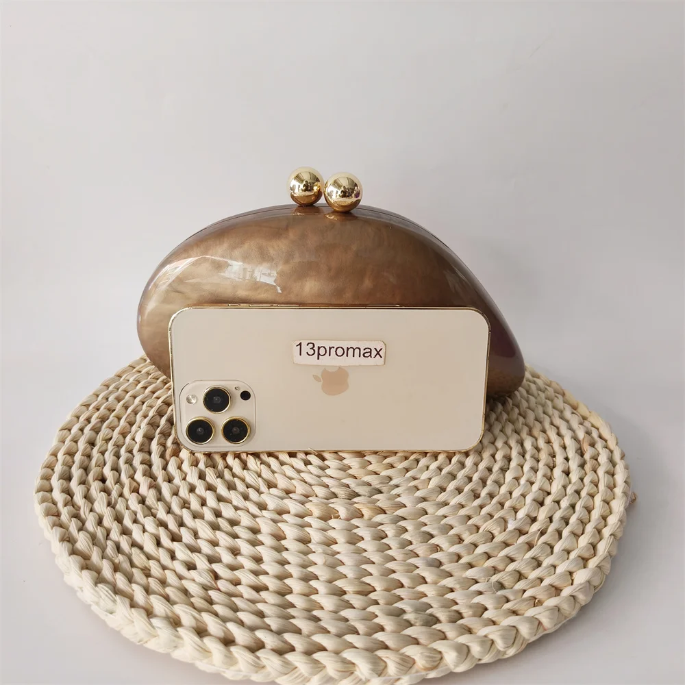 Irregular Dumpling Solid Brown Coffee Acrylic Box Clutches Beaded Handle Purse Bags Women Shoulder Evening Beach Party Handbag