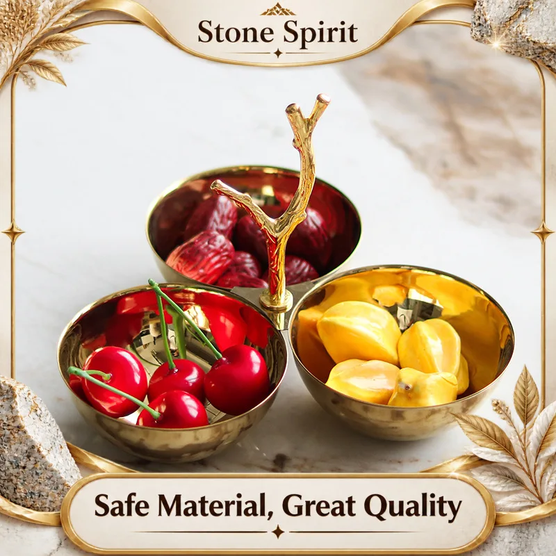 Three Grid Stainless Steel Bowl with Handle, Fruit Plate, Snack Platter, Dessert, Tableware, Party Decoration Storage Tray