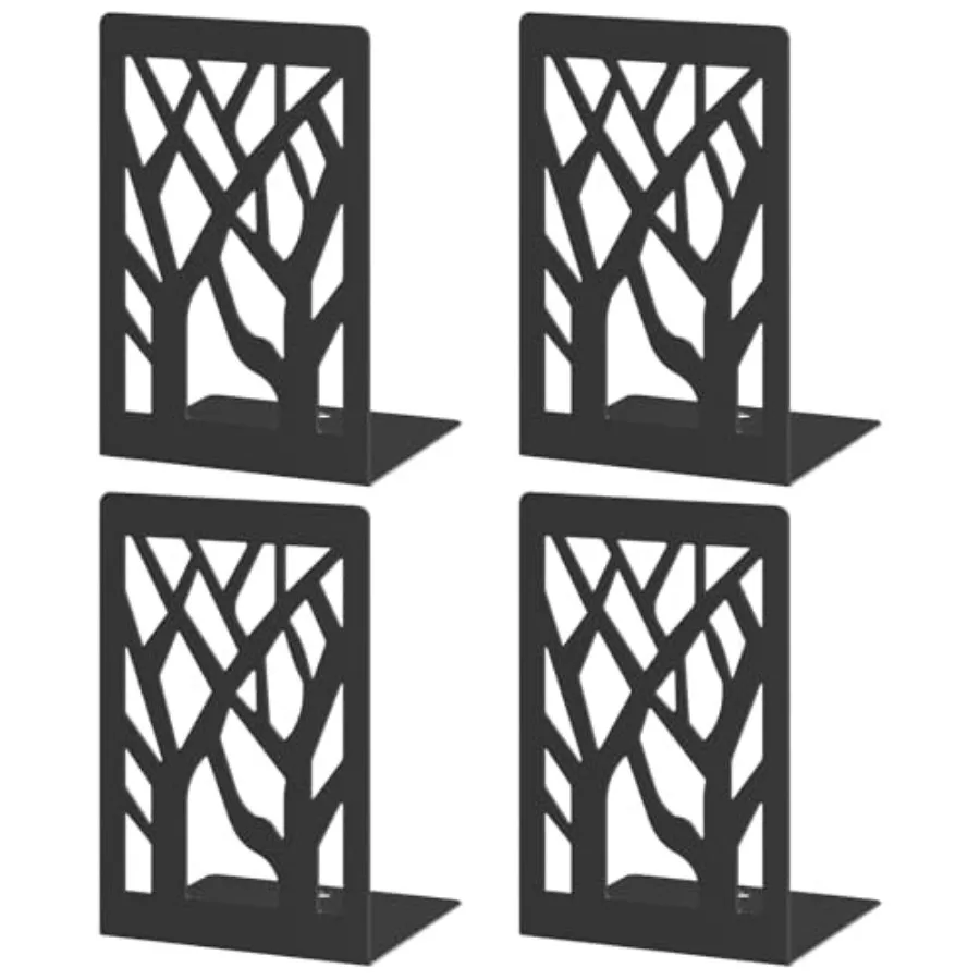 

4-Piece Modern Metal Bookends for Shelves, Black Tree Book Ends for Books, Decorative Book Organizer for Desk, Non-Skid Shelve