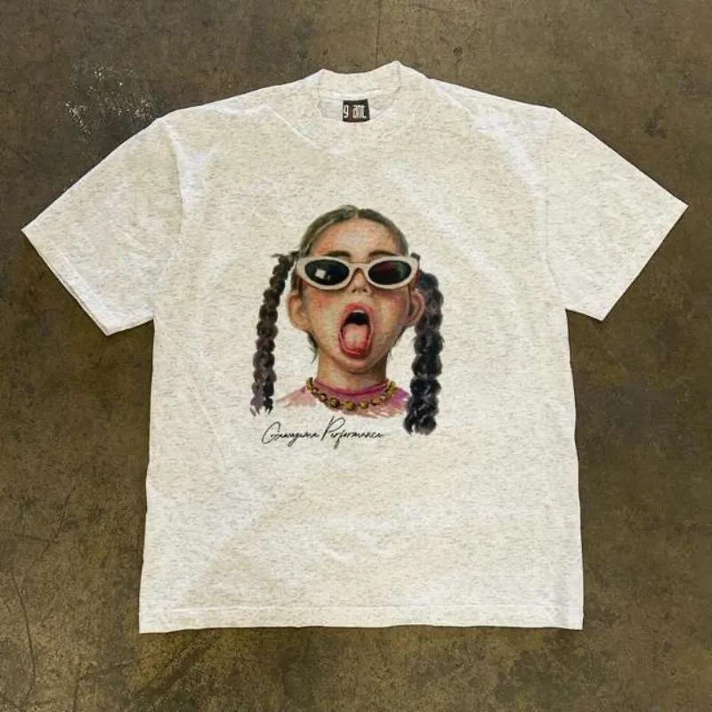 

2025 Vintage High-End Streetwear Street Style Girl Print Pure Cotton Slim-Fit Oversized T-Shirt Retro Unisex Couple Tee