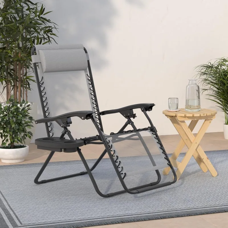 

Set of 2 Adjustable Steel Mesh Zero Gravity Lounge Chair Recliners w/Pillows and Cup Holder Trays - Ice Gray