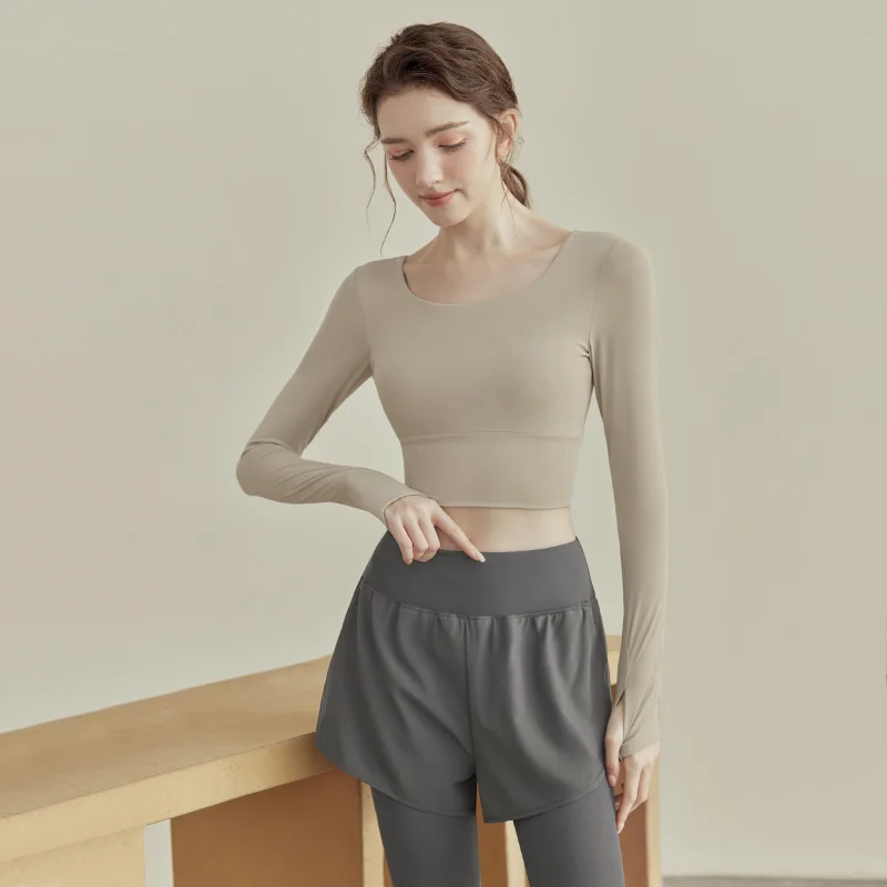 Women's Long Sleeve Yoga Top Cross Back Sports Crop Top Shock-Absorbing Breathable Workout Fitness Shirt