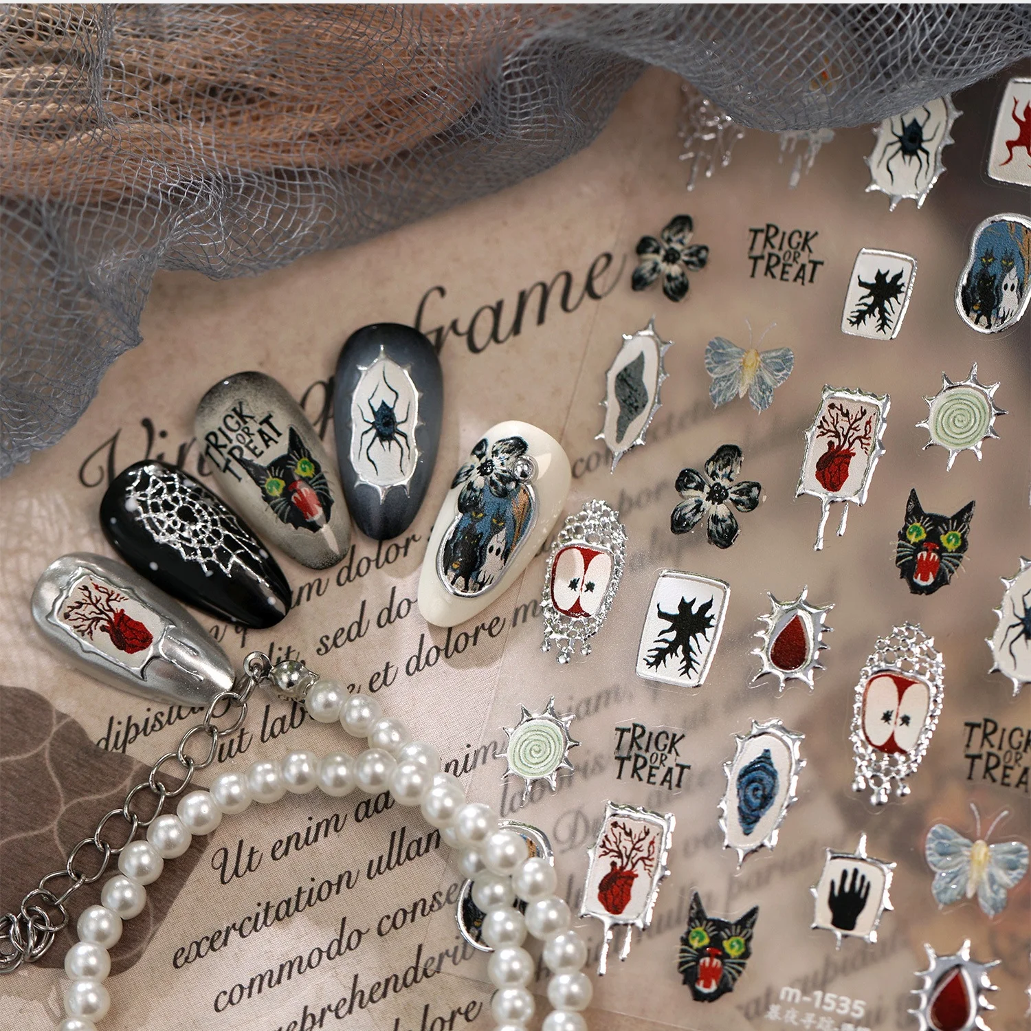 Bold Gothic Halloween 5D Nail Art Stickers Black Cat Spider Dripping Blood Heart Candle Thorn Apple Frame Self-Adhesive Decor