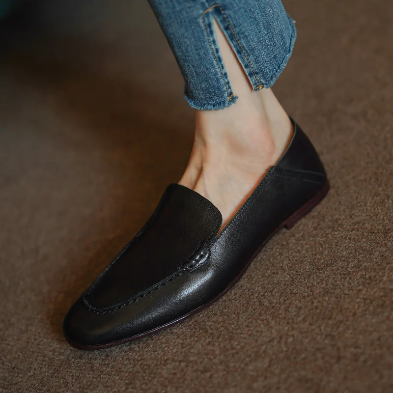Women Flats Horsehide Flat Shoes Vintage Casual Loafers Spring Autumn Slip On Women Simple Shoes Round Toe Daily Quality Flats