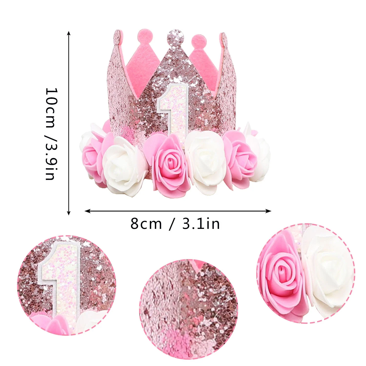1 Stück Geburtstags-Kronenhut-Dekoration, rosa, weißer und goldener Glitzer, Foto-Requisite, Partyzubehör, Prinzessinnen-Thema-Party-Dekoration – Detail 3