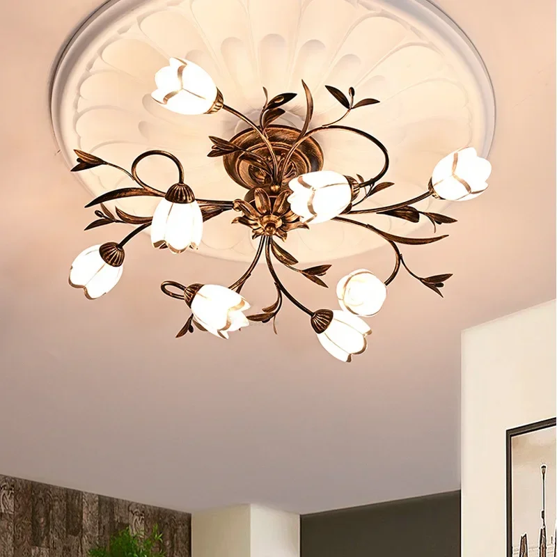 

Modern American Style Ceiling Light Flower Shaped Lampshade Design Retro Bedroom Decoration Living Room Lighting Fixtures