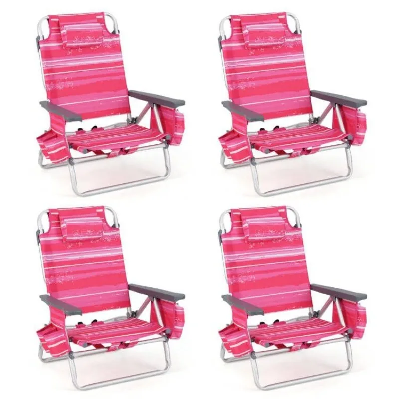 Folding Beach Chair, Patio Sling Chairs with 5 Adjustable Position, Head Pillow, Storage Bag, Towel Bar, Cup Holders, Backpack