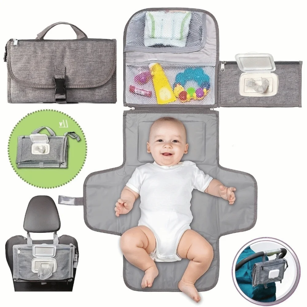 Solid Color Baby Changing Pad Oxford cloth 3 in 1 Foldable Diaper Bag Foldable with Wipes Pockets