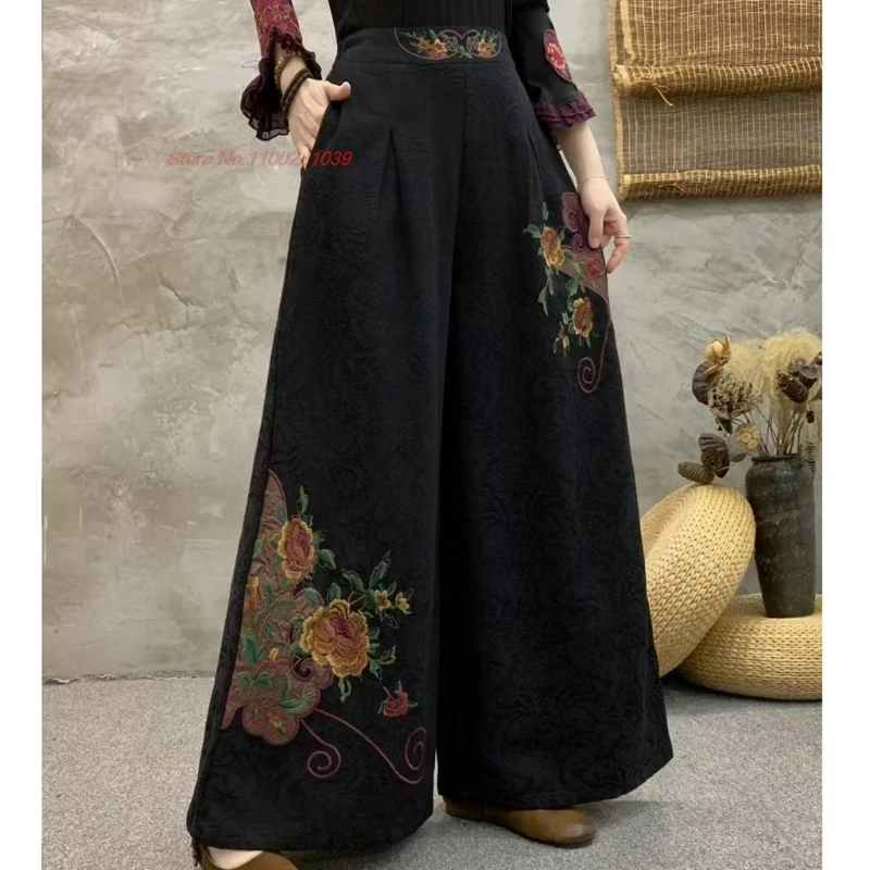 2025 السراويل الصينية خمر الوطنية زهرة مطرزة مرونة الخصر السراويل الشعبية الرجعية القطن الكتان الجاكار واسعة الساق السراويل