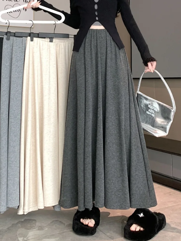 

Retro Loose Fit ey Woolen Knitted Midi Skirt Casual A-Line Long Skirt Autumn Winter Soft Cozy f-length Women's Skirts