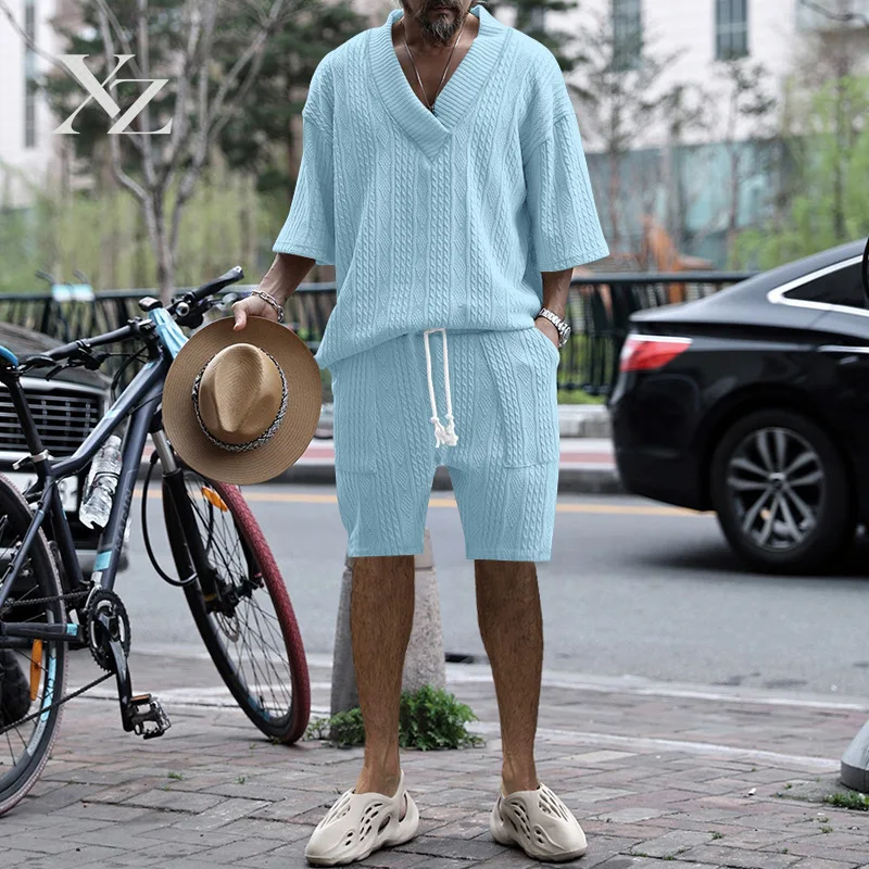 Opening Sale |Men's Textured Knitwear Two Piece Set Loose V Neck 3/4 Sleeve Top & Elastic Waist Shorts Breathable Summer Casual