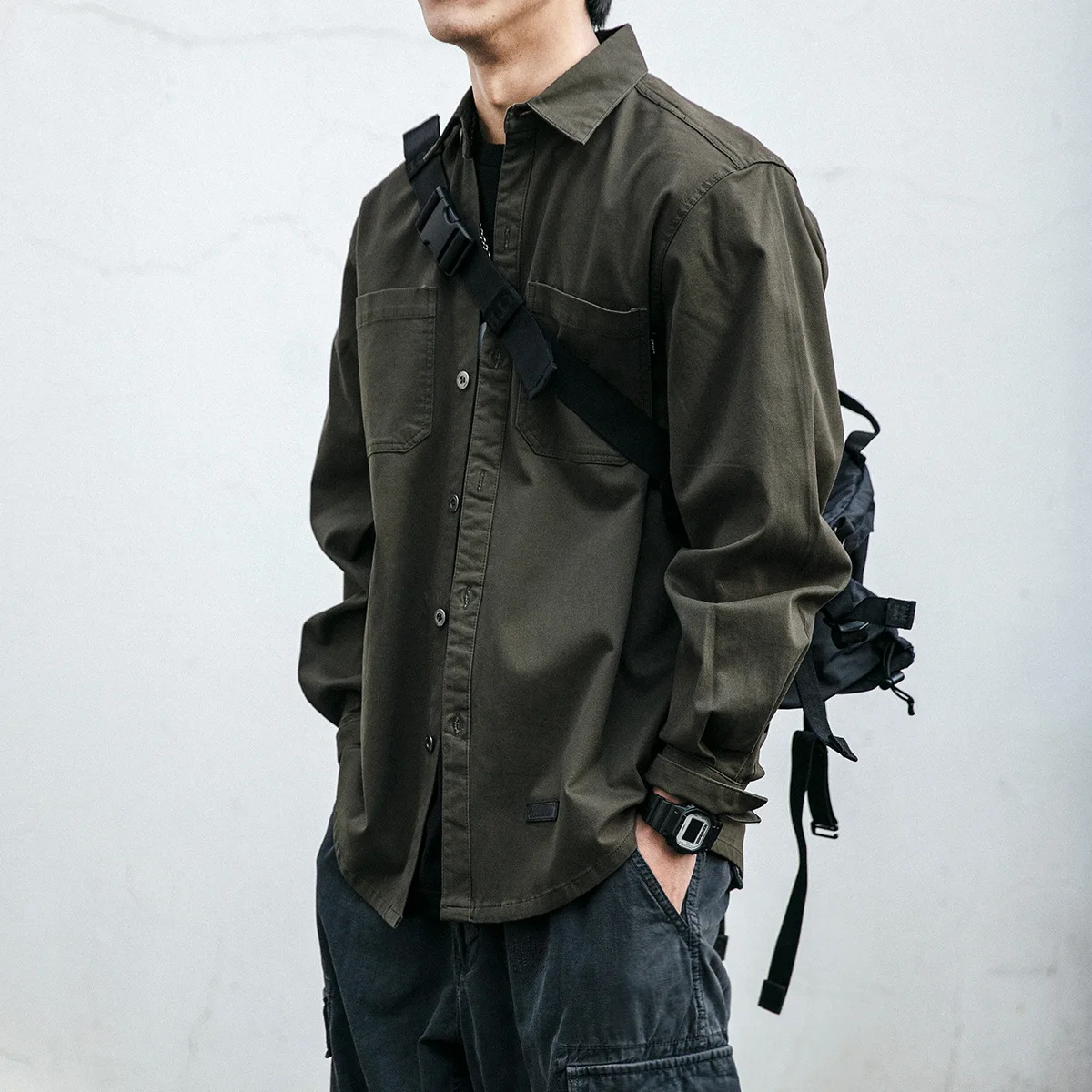 Japanese Vintage Work Shirt Men's Long Sleeve Korean Fashion Straight Leg Casual Pants Cleanfit PVC Fabric Neutral Style