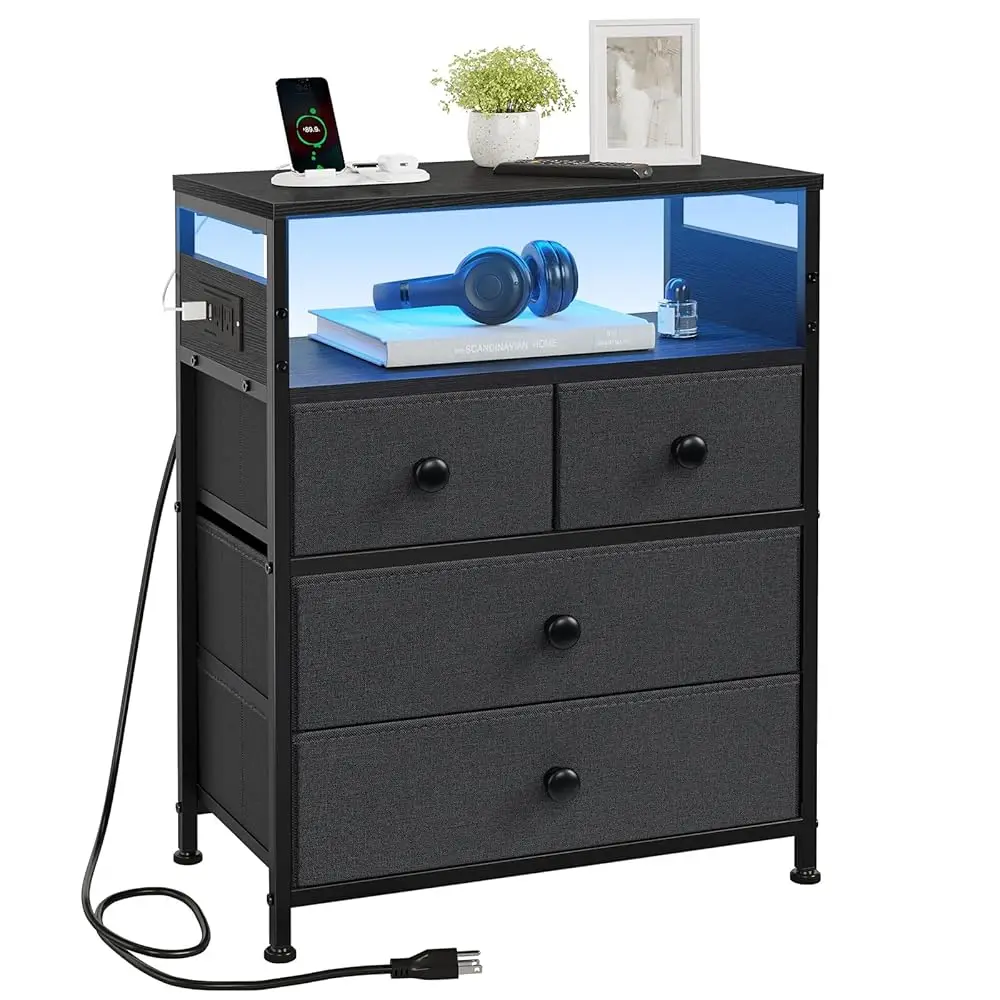 

Nightstand With Charging Station, Bedside Table With 4 Drawers And 2-Tier Shelf, Modern End Table With Wooden Top For Bedroom,