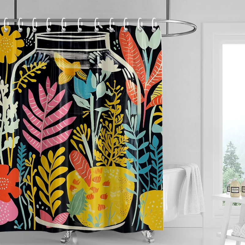 Nordic Simple Style Morandi Shower Curtain Abstract Plant Character Pattern Bathroom Bathtub Dual-Use Shower Curtain