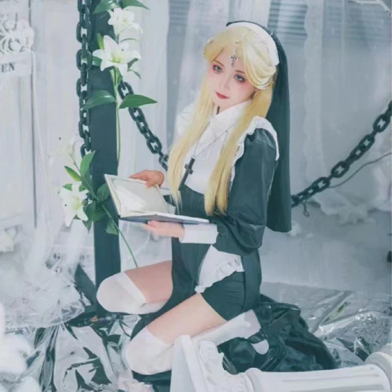 섹시한 수녀 코스프레 차우비 코스튬, 멋진 원피스 세트, 수녀 원피스 블랙 멋진 유니폼, 할로윈 파티 역할극 복장