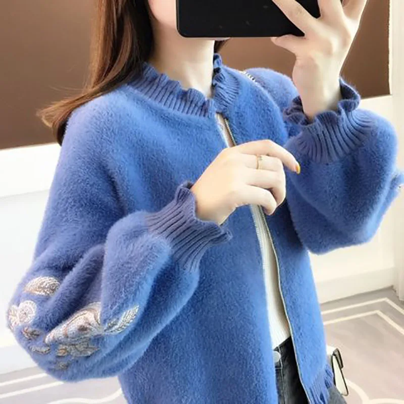 

Fashion Ruffles Embroidery Lantern Sleeve Cardigan Sweater Female Clothing 2023 Winter New Casual Pullovers Korean Tops