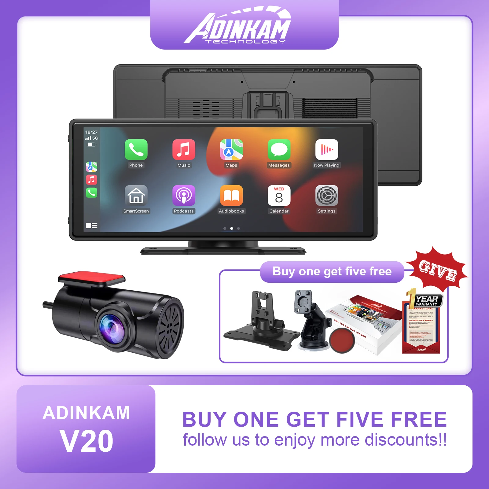 ADINKAM Universal Portable 10.26 inch Car Smart Radio Screen Carplay Android Auto Built-in 5G Hz Wifi/AUX Dash Cam Reverse Image