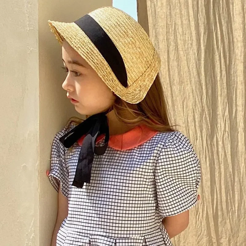 Cute Vintage Children Baby Girls Straw Plaided Hat Lace Up Beach Holiday Outdoor Summer Sun Block Hat Cap for Kids Sun Hats