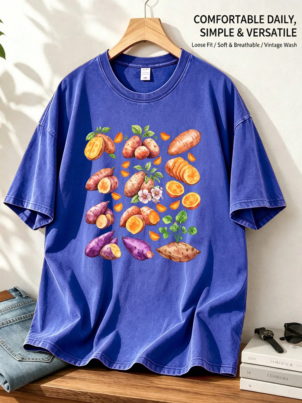 Watercolor Sweet Potato Printed Washed T-Shirts Womens Oversized Cotton Tops Comfortable O-Neck T Shirt Summer Woman Clothes