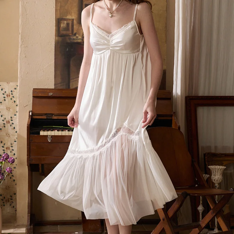 Women Princess Nightdress Summer Chest Cushion Spaghetti Strap Sleepwear Long Skirt Lace Irregular Splicing Victorian Nightwear
