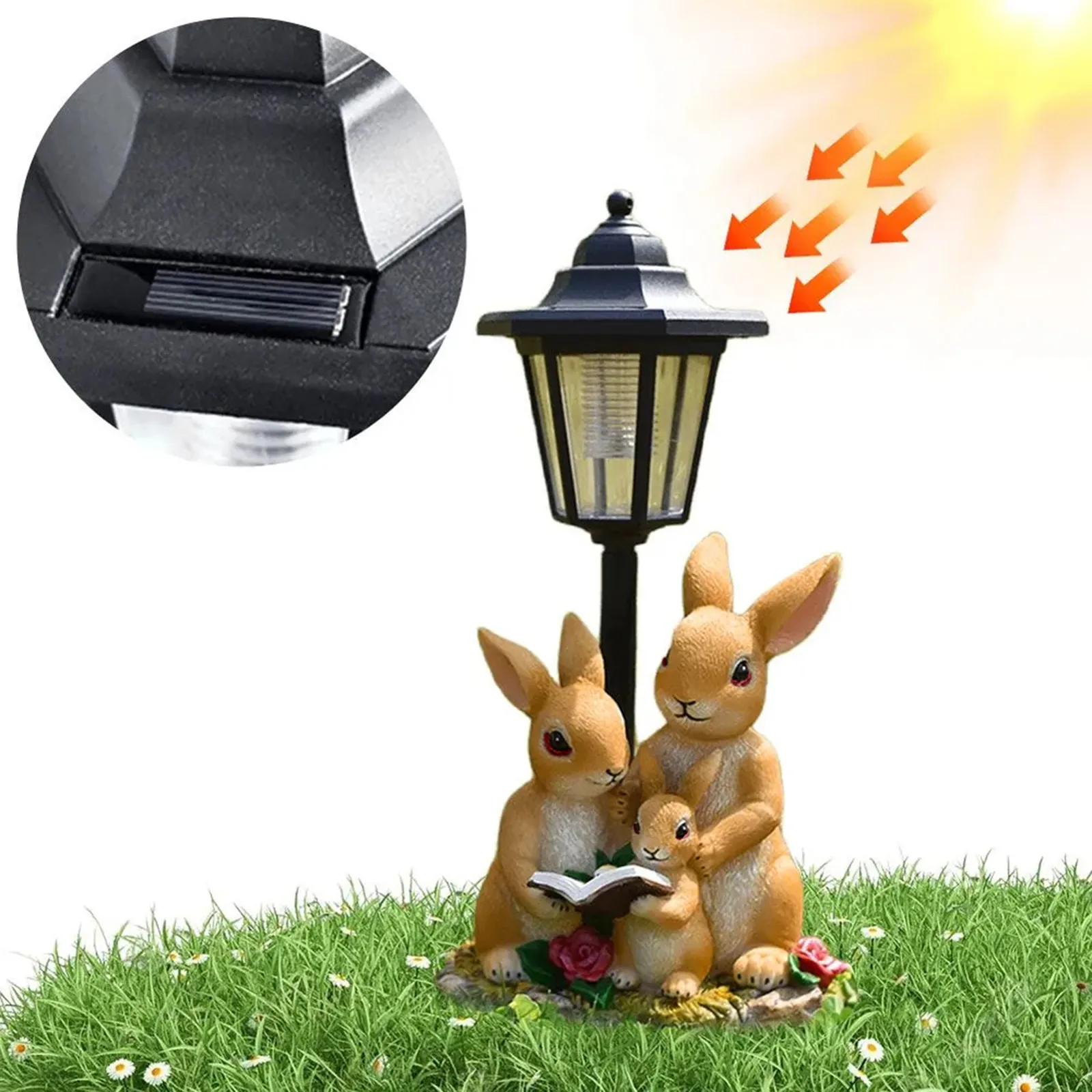 Solar Rabbit Family Lamp Garden Decor Outdoor Lawn Light With Streetlamp Design Solar Rabbit Figurine Garden Lamp Family Reading
