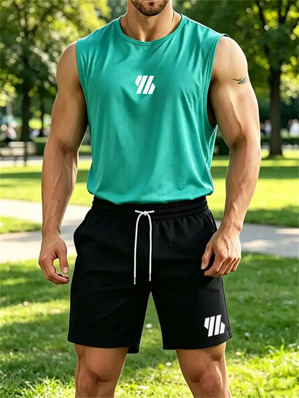 2026 new Men's Brand Vest Two-piece Fitness Running Sportswear Fashionable Printed Round Neck Vest/Breathable Shorts Sets
