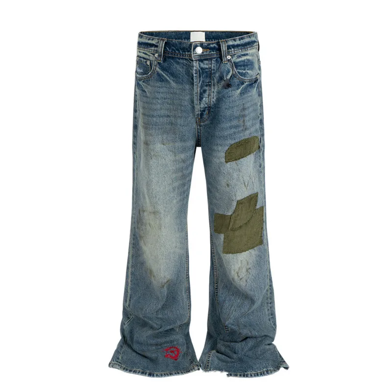 HKSH 春秋オリジナルデザインコーデュロイパッチワーク刺繍ファッションデニムパンツユニセックスウォッシュヴィンテージブーツカットジーンズ HK7930