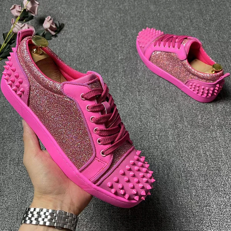 

men fashion stage nightclub dress rivets shoes lace-up flat shoe soft leather pink sneakers brand designer personality footwear