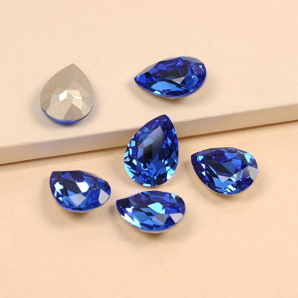 Sapphire Drop Fancy Sew On Rhinestones Point Back Crystals DIY Jewelry Making K9 Glass Diamond Beads For Bags Home Decorations
