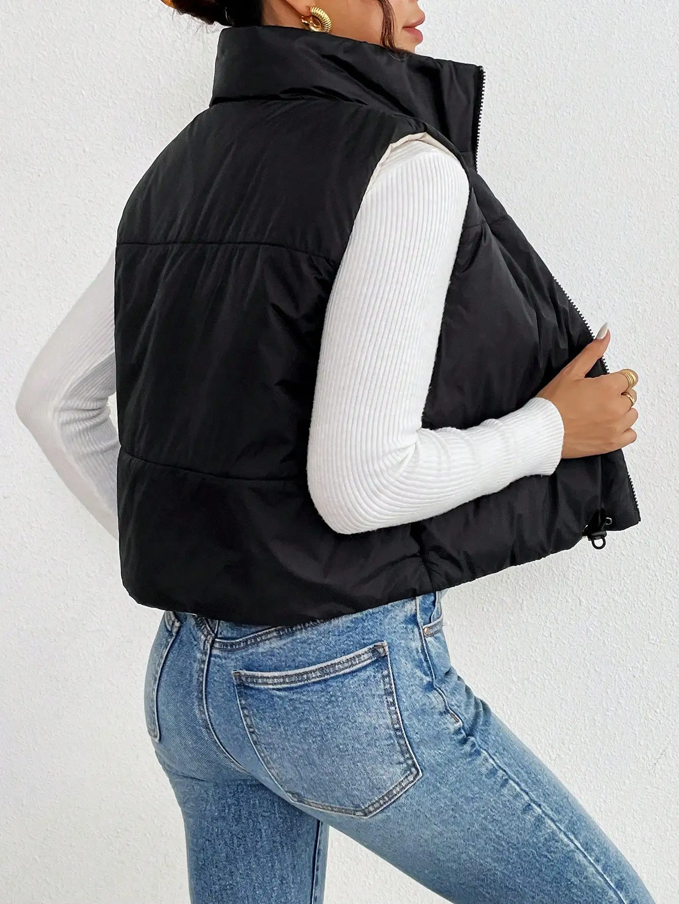 سترة نسائية مبطنة بسحاب أمامي، سترة شتوية دافئة بدون أكمام بلون سادة للارتداء الكاجوال