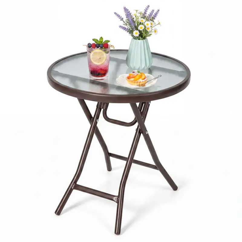 18 Inch Round Patio Side Table with Tempered Glass Top-Brown