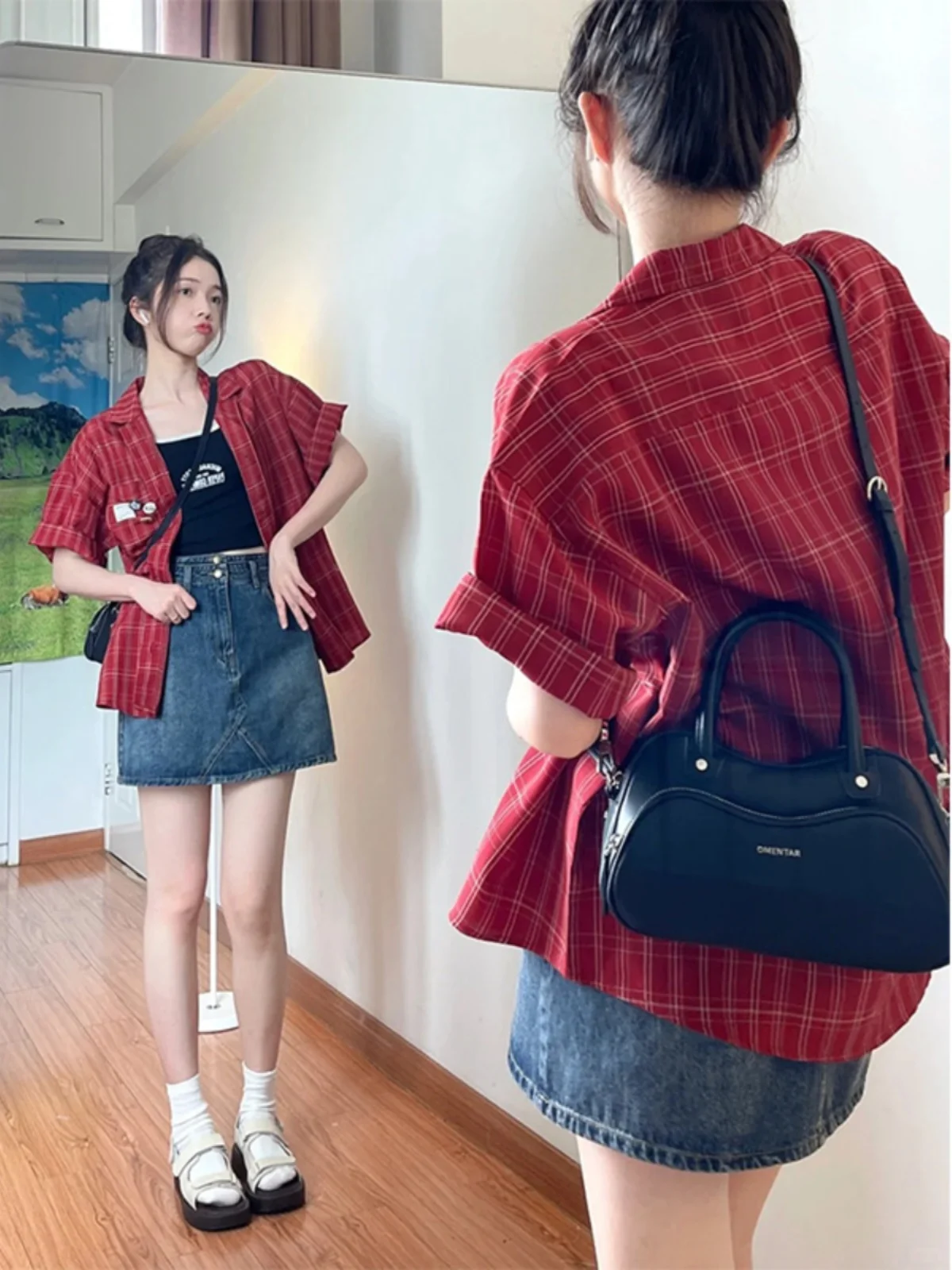 

Summer 2024 Red Plaid Short Sleeve Loose Women's Shirt Korean Style Commute Fashion Retro College Style Top Half Sleeve
