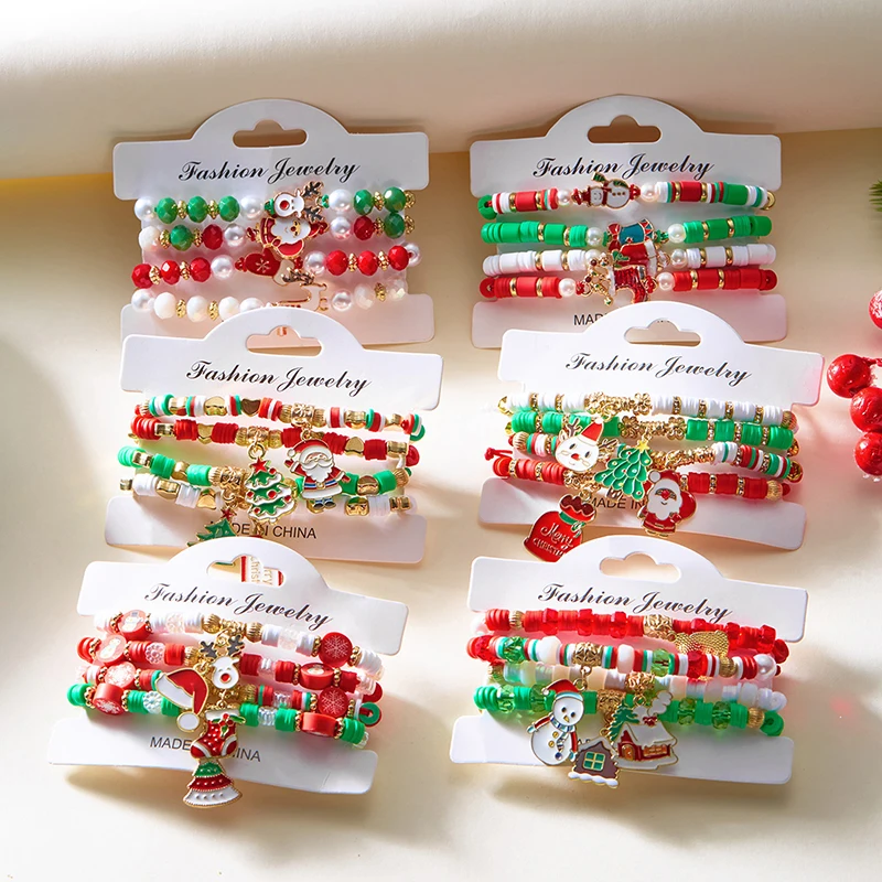 4Pcs/set Merry Christmas Tree Santa Claus Bracelet For Women Xmas Deer Polymer Clay Beads Woven Bracelet New Year Jewelry Gift