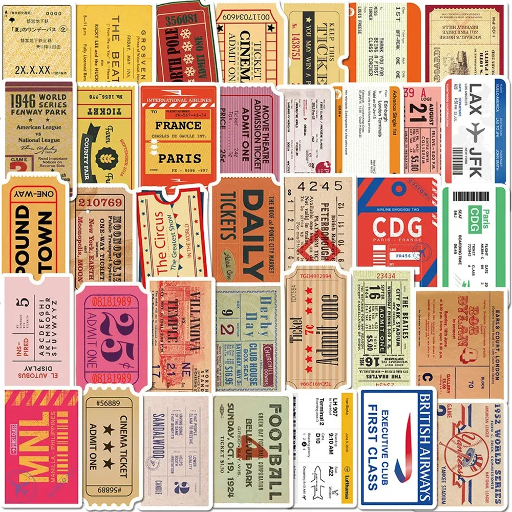 

10/30/50pcs Vintage Classic Air Tickets Stickers for Laptop Notebook Wall Luggage Waterproof Retro Cool Cartoon Decals Toys Gift