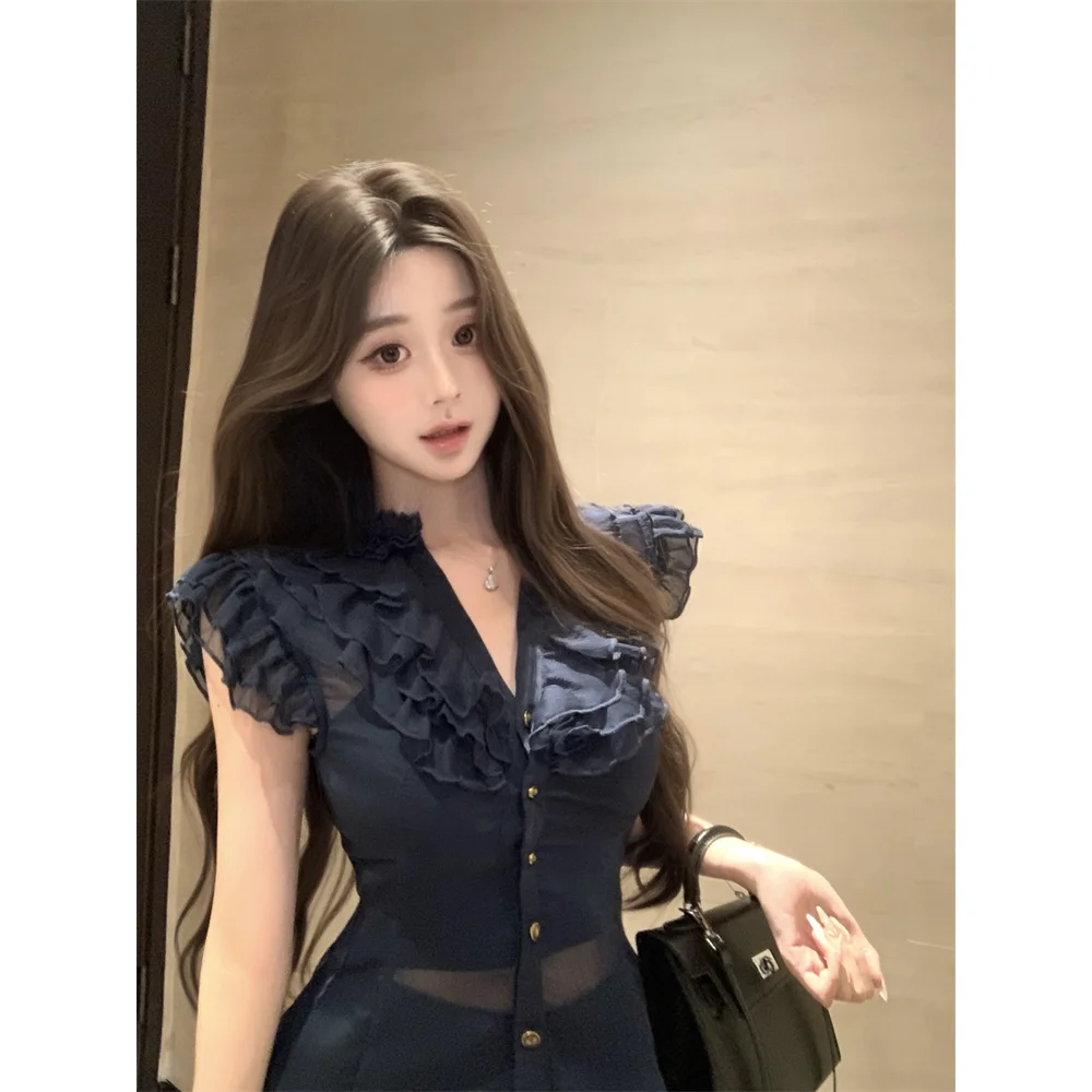 Frans mouwloos chiffon overhemd 2025, lente zomer, nieuw temperamentontwerp, blusas de mujer, casual tops, dh Porno, Femmes