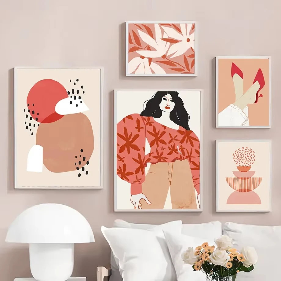 بوهو مجردة الرسم على لوحات القماش الجدارية الأحمر عالية الكعب فتاة خط الوجه أوراق النخيل الهندسة غرفة المعيشة الديكور الملصقات يطبع #3