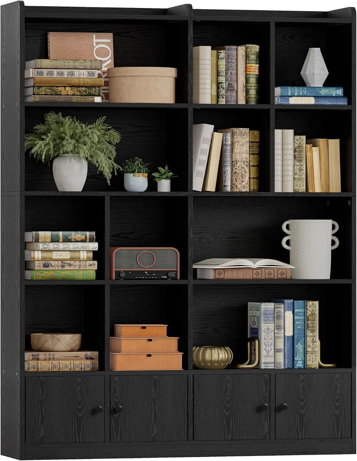 

6-Tier Large Bookshelf - 4-Door Floor Standing Storage Display for Home/Office (Black)