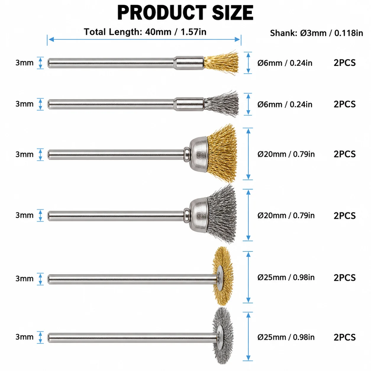 12PCS Brass & Steel Wire Brush Set, Rotary Tool Wire Wheels Brushes for Rust Removal, Metal Cleaning, Deburring & Polishing