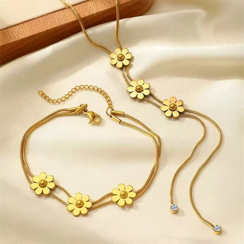 EILIECK 316L Edelstahl Metall Trendige Blumen Halskette Armband Set Modischer Goldfarbener Wasserdichter Schmuck für Frauen Geschenk – Detail 12