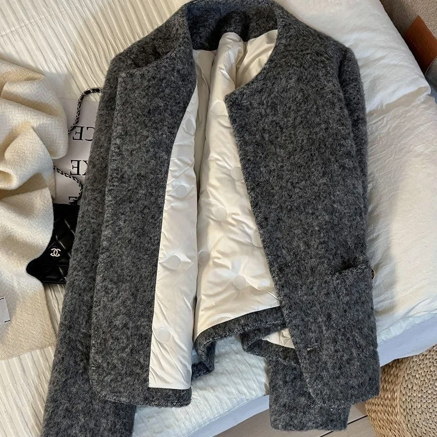 2025 New Grey French Style Short Coat Warm Inner Top Coat Winter Fashionable Compact Pattern Thickened Long Sleeve No Collar #2