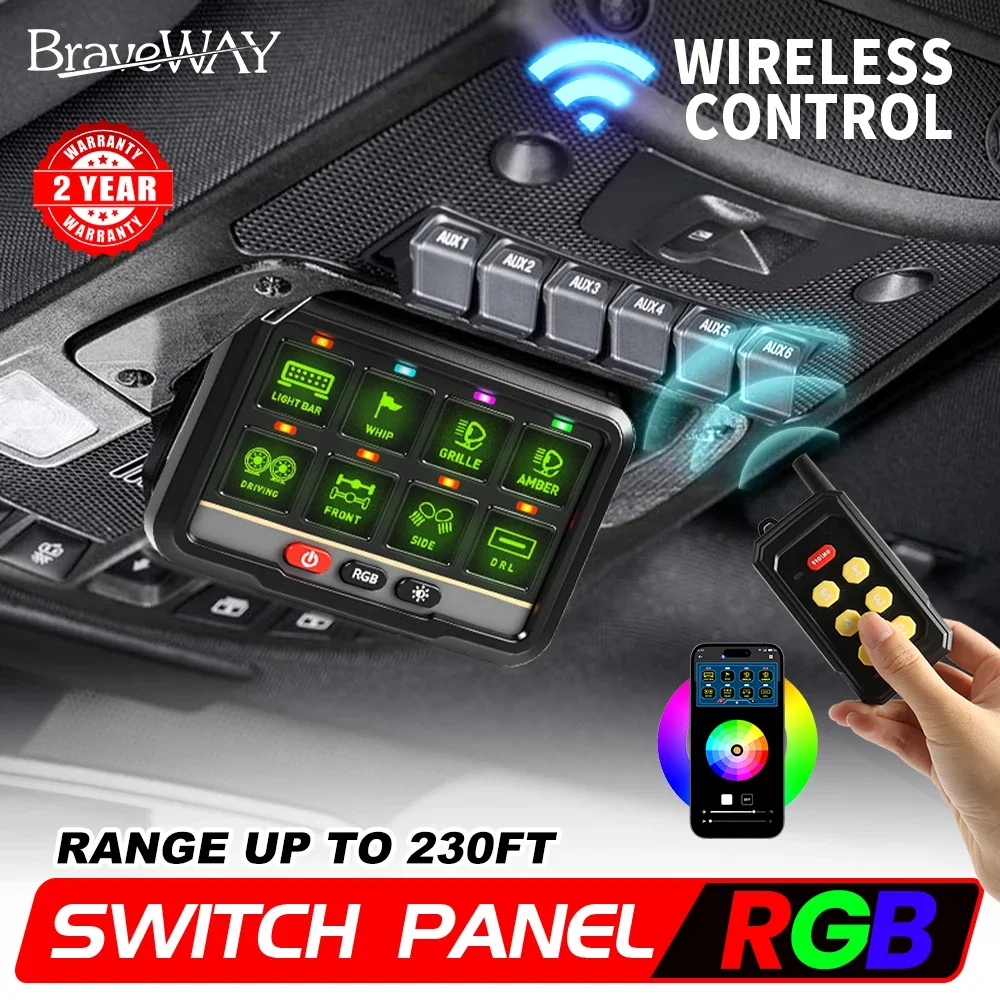 8 Gang /6 Gang RGB Switch Panel Bluetooth APP Control With 8 Button Wireless Remote Controller Multi Group Linkage Control Adjustable Flash Strobe Modes 12-24V 8 Circuit Fuse Box For Pickup 4x4 Offroad Truck UTV Buggy